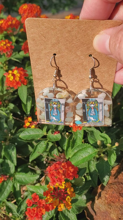 EARRINGS: Tarot High Priestess Hand Crafted Resin Dangle Earrings w/Amazonite Crystals Silver Hardware. Large Window Shape.