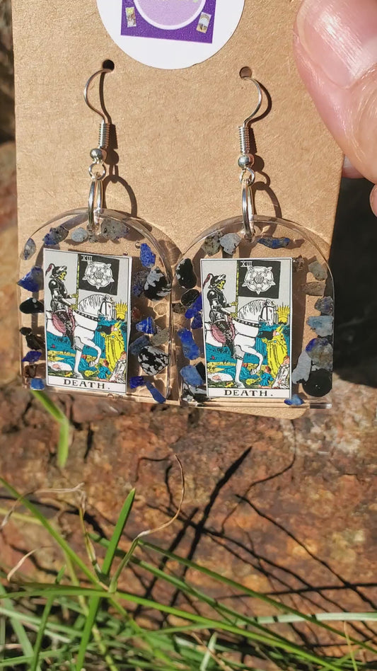 EARRINGS: TAROT CARD THE DEATH CARD LARGE RESIN WINDOW W/LAPIZ LAZULI CRYSTALS/SILVER HARDWARE