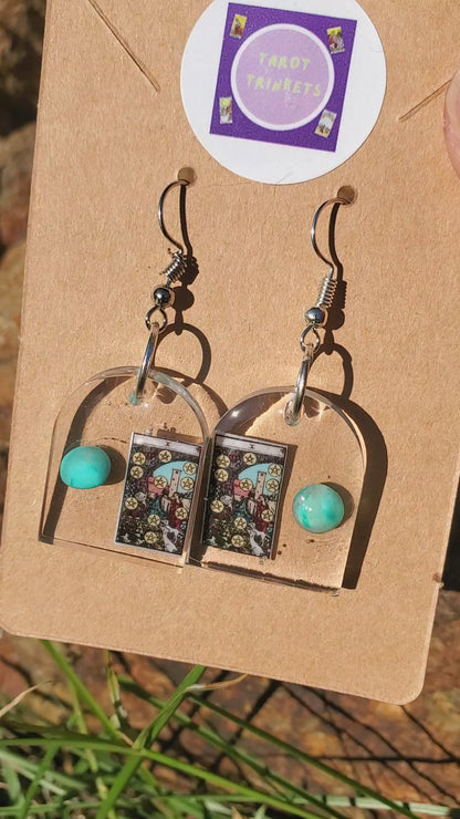 EARRINGS: Tarot Card 10 of Pentacles w/Turquoise Silver Hardware/Small Window Resin Shape