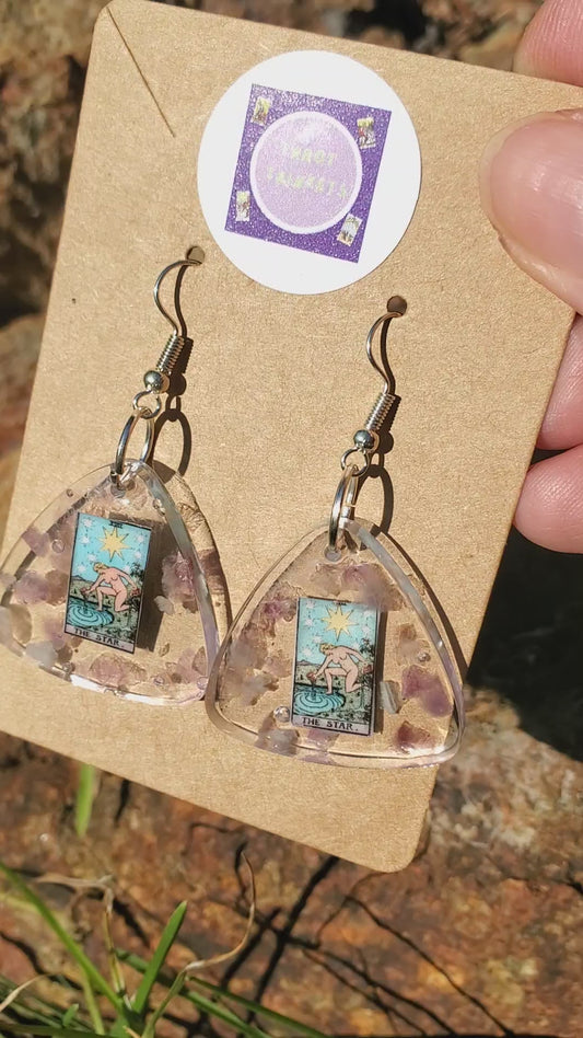 Earrings: STAR CARD TAROT THEMED RESIN EARRINGS, TRIANGLE, W/AMETHYST CRYSTALS