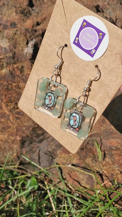 EARRINGS: TAROT CARD THE WORLD CARD SQUARE w/GREEN AVENTURINE/NICKEL HARDWARE