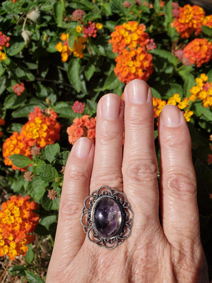 CHAKRA RING FOR HELPING WITH THE ENERGY OF THE  CROWN CHAKRA:  PURPLE RESIN OVAL/w/AMETHYST/SILVER HARDWARE