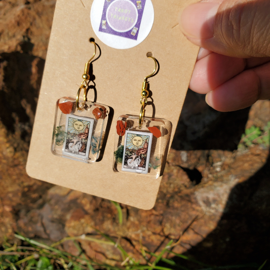 EARRINGS: Sun Tarot Card w/Ocean Jasper Crystals. Hand Made w/Clear Resin, Gold Hardware, Square