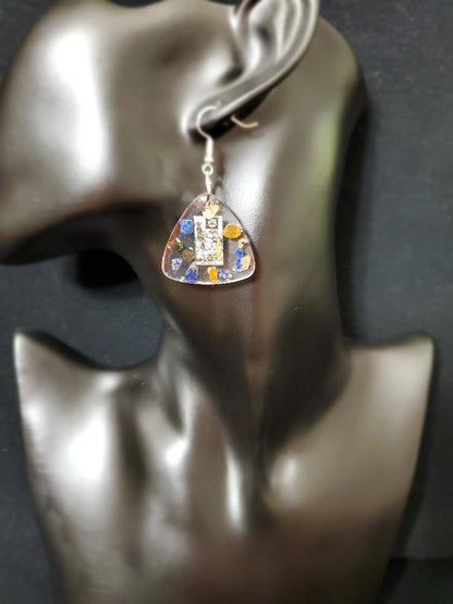 EARRINGS: Tarot Death Card Resin Earrings w/ Lapis Lazuli Crystal -Hand Crafted. Silver Hardware. Triangle Shape.